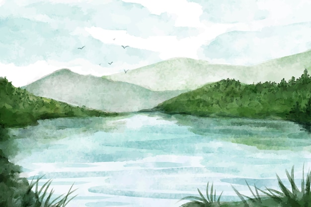 Vector gratuito paisaje de lago de acuarela