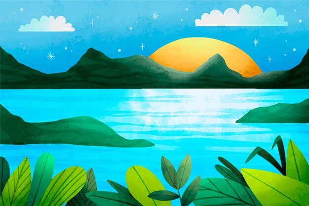Paisaje de lago de acuarela