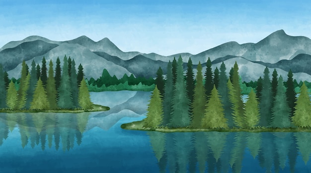 Vector gratuito paisaje de lago de acuarela