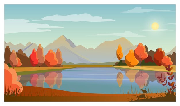 Paisaje con lago, árboles, sol y montañas en el fondo.