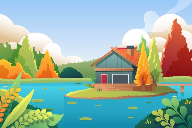 Paisaje de lago degradado con cabaña