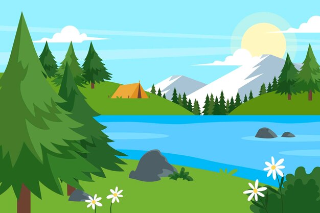 Paisaje de lago dibujado a mano con montañas