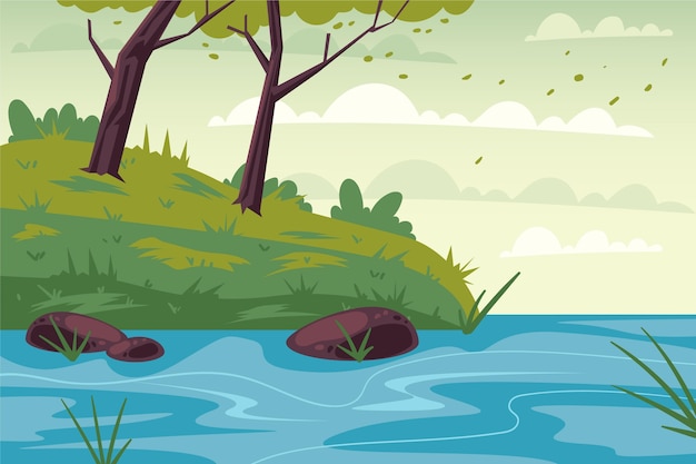 Paisaje de lago de diseño plano dibujado a mano
