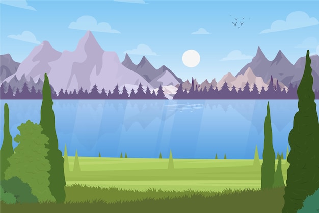 Paisaje de lago de diseño plano dibujado a mano