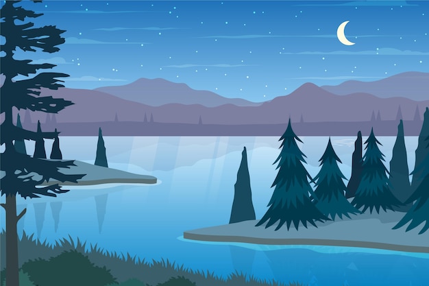 Paisaje de lago de diseño plano dibujado a mano