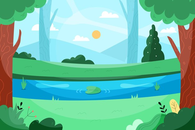 Paisaje de lago de diseño plano dibujado a mano