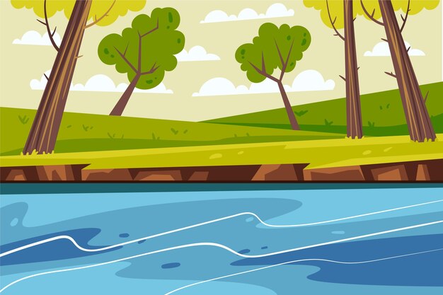 Paisaje de lago de diseño plano dibujado a mano