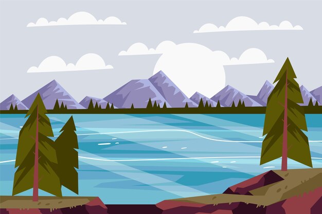 Paisaje de lago de diseño plano dibujado a mano