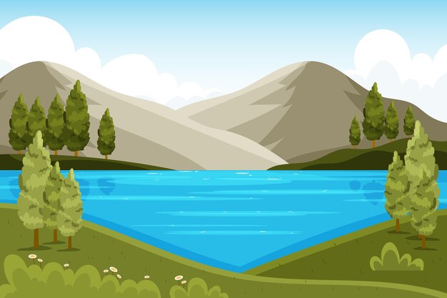 Paisaje de lago de diseño plano dibujado a mano