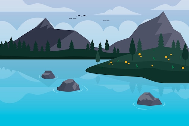 Paisaje de lago de diseño plano dibujado a mano