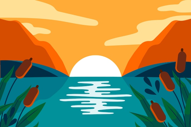 Paisaje de lago de diseño plano dibujado a mano