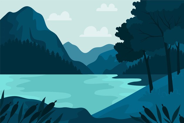 Paisaje de lago de diseño plano dibujado a mano