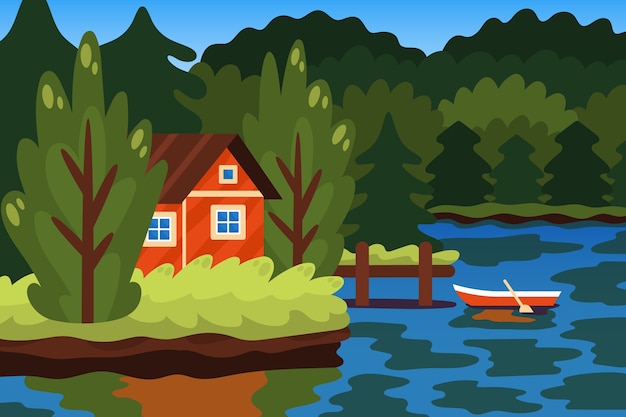 Vector gratuito paisaje de lago de diseño plano dibujado a mano