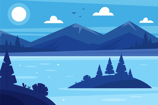 Paisaje de lago de diseño plano