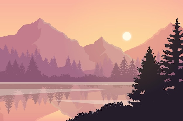 Paisaje de lago de diseño plano