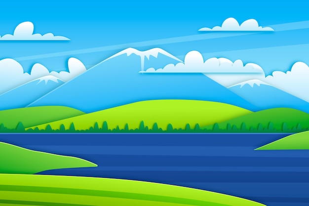 Vector gratuito paisaje de lago estilo papel