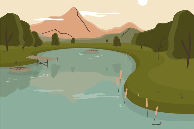 Paisaje de lago plano dibujado a mano
