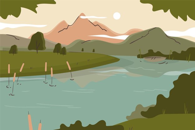 Paisaje de lago plano dibujado a mano