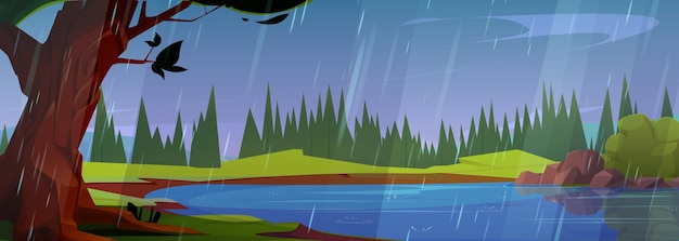 Paisaje lluvioso de dibujos animados con lago en el bosque