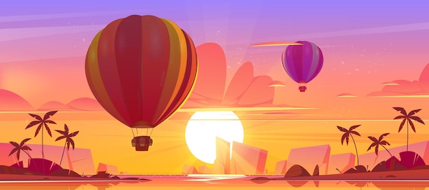 Vector gratuito paisaje de mar con globos aerostáticos al atardecer