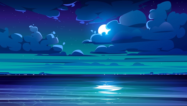 Paisaje de mar nocturno con costa y luna en el cielo