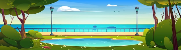 Vector gratuito paisaje de mar o río de dibujos animados con parque de la ciudad