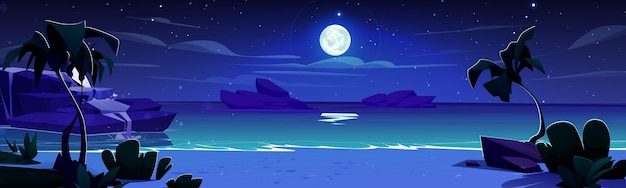 Vector gratuito paisaje marítimo nocturno tropical con playa de arena