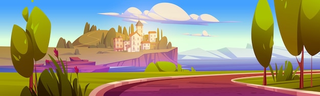 Paisaje mediterráneo de verano con puerto marítimo, ciudad en la colina y montañas en el horizonte. Ilustración de dibujos animados vectoriales de la ciudad en Europa, carretera, hierba verde y árboles en la costa del lago