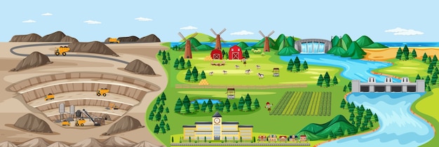 Vector gratuito paisaje de minas de carbón y tierras agrícolas.