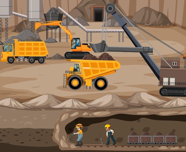 Paisaje de la minería del carbón con escena subterránea.