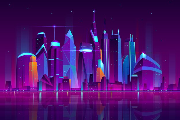 Paisaje moderno de la noche del vector de la historieta de la ciudad. Fondo urbano del paisaje urbano con los edificios de los rascacielos en la orilla de mar iluminada con el ejemplo de la luz de neón. Distrito central de negocios de metrópolis