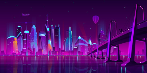 Paisaje moderno de la noche del vector de la historieta de la ciudad.