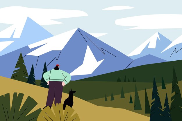 Paisaje de montaña dibujado a mano con perro