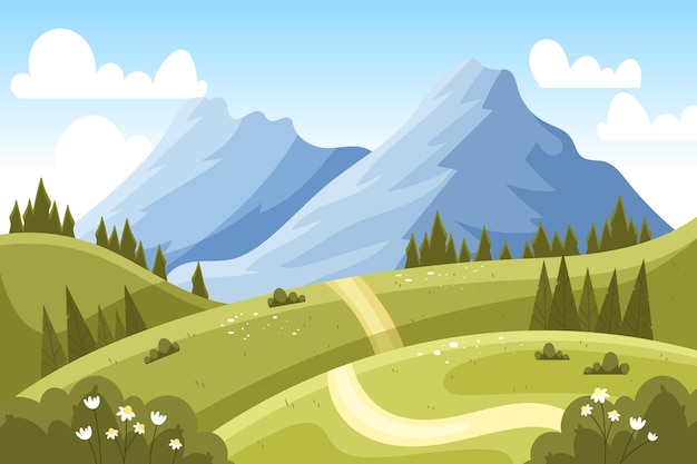Paisaje de montaña de diseño plano dibujado a mano