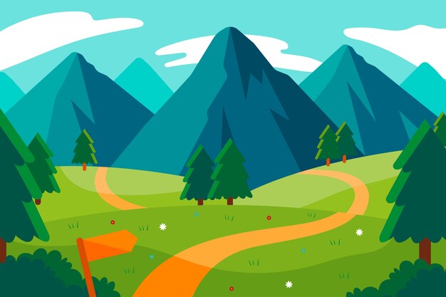 Paisaje de montaña de diseño plano dibujado a mano