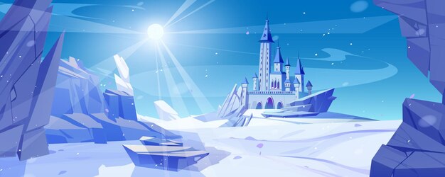 Paisaje de montaña de invierno con castillo medieval Ilustración de dibujos animados vectorial de cuento de hadas palacio congelado con torres fondo rocoso cubierto de hielo y nieve copos de nieve en el aire magia reino frío