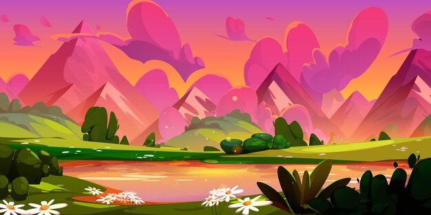 Paisaje de montaña con lago al atardecer o al amanecer