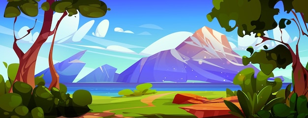 Vector gratuito paisaje de montaña con lago en un valle verde ilustración de dibujos animados vectoriales de un hermoso paisaje bosque verde con arbustos de hierba y árboles agua azul clara brillando en las nubes de luz solar en un cielo soleado