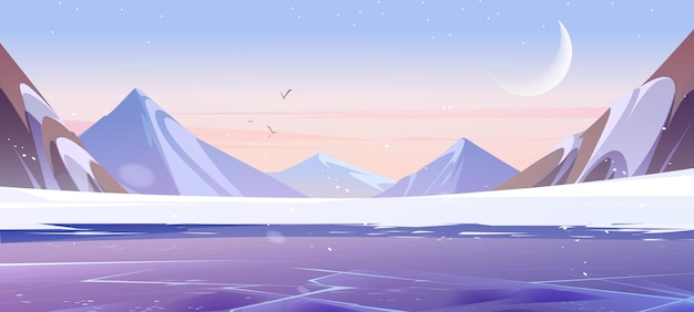 Paisaje de montaña nevado con hielo en el río ilustración de dibujos animados vectoriales de la luna del lago congelado y pájaros volando en el cielo nocturno glaciar en picos rocosos vista panorámica del polo norte fondo de invierno ártico