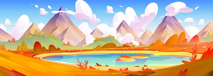 Vector gratuito paisaje de montaña de otoño con lago hierba naranja