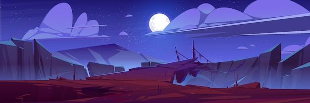 Vector gratuito paisaje de montaña con puente colgante en la noche.