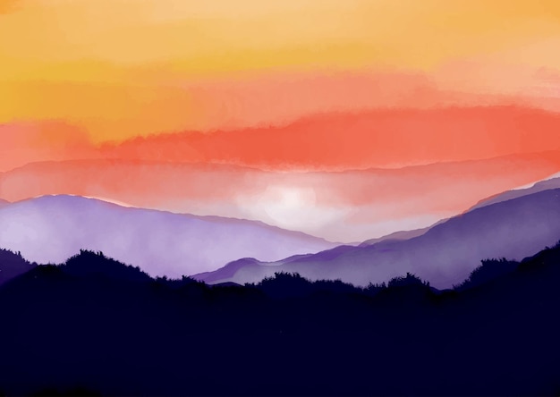 Paisaje de montaña de puesta de sol pintado a mano en acuarela