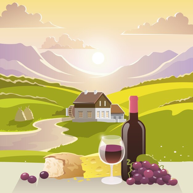 Paisaje de montaña con vino y queso