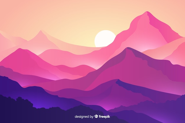 Paisaje de montañas con montañas y puesta de sol