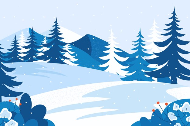 Paisaje con montañas de nieve y árboles.