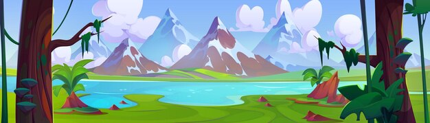 Vector gratuito paisaje montañoso con árboles de la selva y un lago