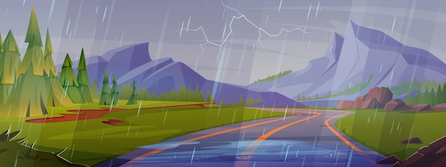 Vector gratuito paisaje montañoso lluvioso con sinuosa carretera de asfalto y bosque en los lados fondo vectorial de dibujos animados con charcos en bosques y colinas en la carretera bajo un cielo nublado de tormenta con relámpagos tiempo de trueno húmedo