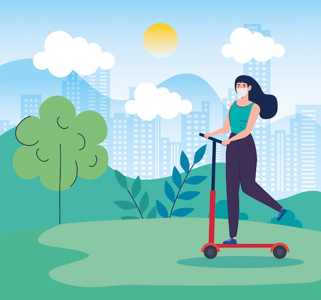 Vector gratuito paisaje con mujer con mascarilla en scooter