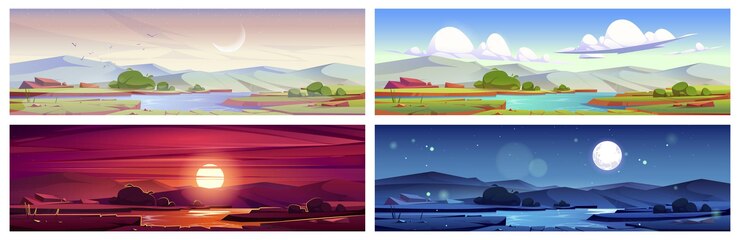 Vector gratuito paisaje natural de dibujos animados temprano en la mañana, día, tarde, puesta de sol y noche, campo verde con estanque, hierba, rocas, paisajes pintorescos, fondos, escenas tranquilas naturales, conjunto de ilustración vectorial