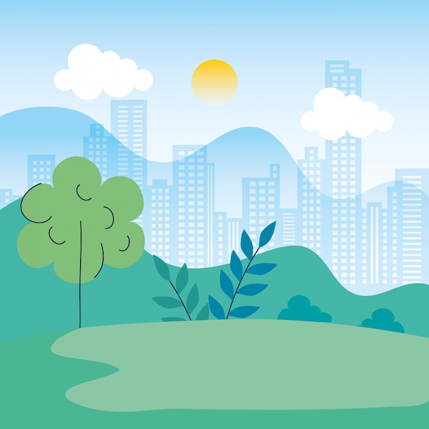 Vector gratuito paisaje natural con diseño de ilustración de escena urbana